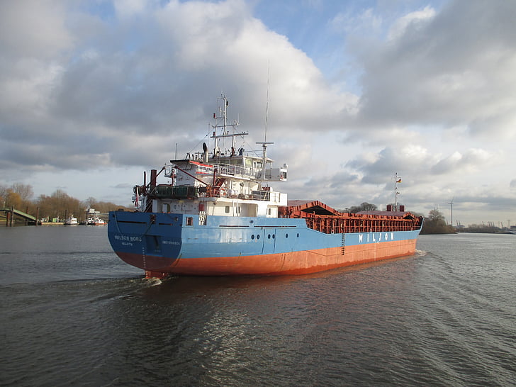 Port, kapal, kapal kontainer, Elbe, Hamburg, Kepelautan, frachtschiff