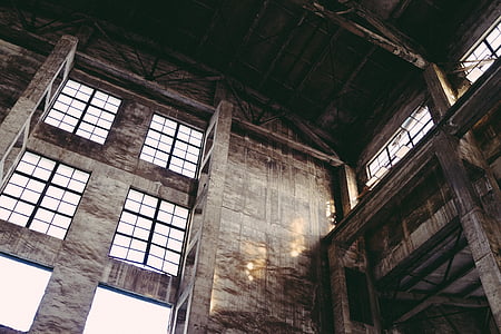 priemyselné, stará továreň, dekadencia, v interiéri, okno, Architektúra, strop