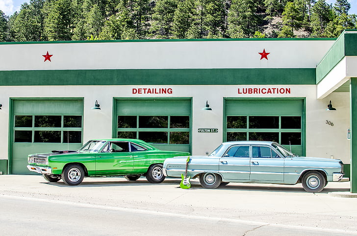 station d’essence, Vintage, voitures classiques, muscle cars, Retro, gaz, station
