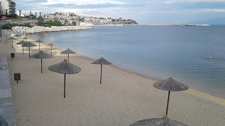 greece, kavala, sea, umbrellas, beach