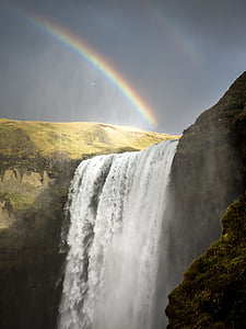 Wodospad, Islandia, tęcze, Natura, wody, krajobraz, góry