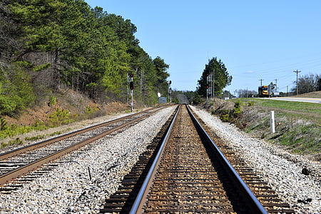 railroad, tracks, railway, transportation, transport, railroad crossing, landscape