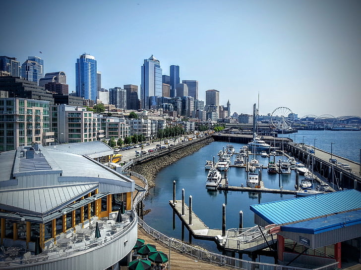 Seattle, voda, přední, Washington, panorama Seattlu, Centrum města, Ferris