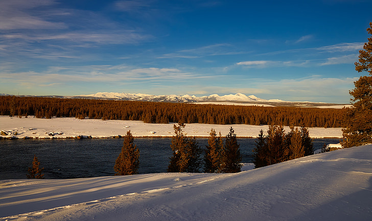 Yellowstone, nationalparken, Wyoming, vinter, snö, landskap, naturen