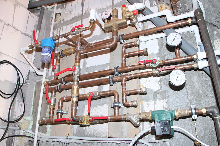 automation, bypass, copper, heating, manometer, mixing, pipes