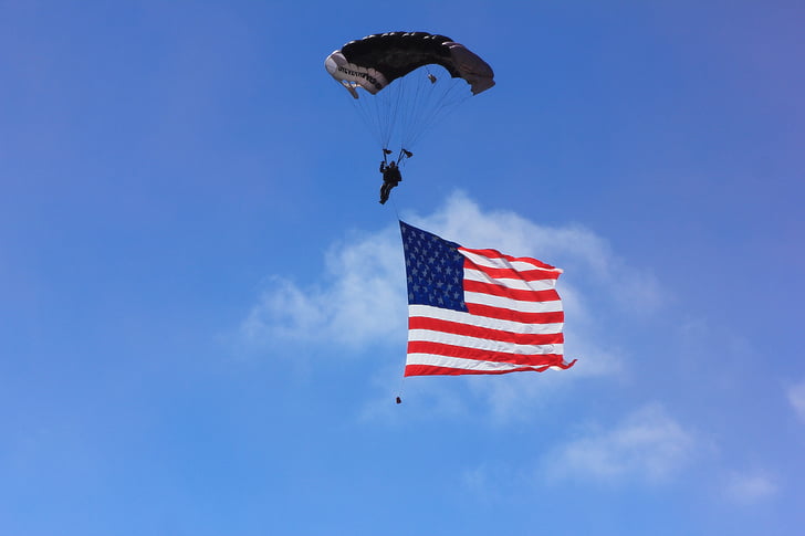 parachute, paragliding, flag, us, sky, extreme, jump