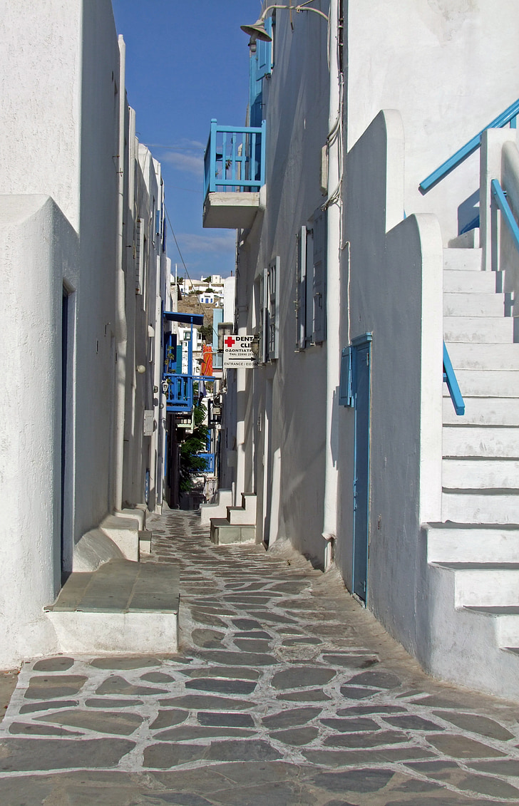 Aleja, Mykonos, Grčka, Cyclades, Grčki otok, bijeli, kuće