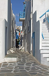 carreró, Mykonos, Grècia, Cíclades, illa grega, blanc, cases