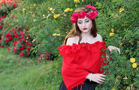 girl, flowers, wreath, roses, red, beauty