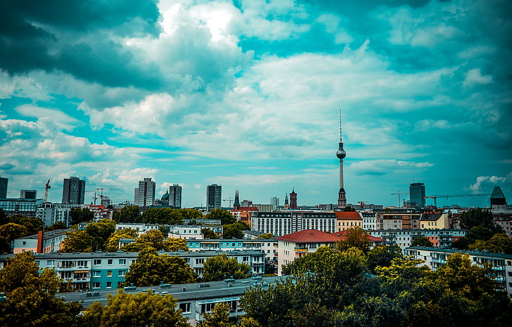Berlim, Torre de TV, Nikolaiviertel, Dom, Alexanderplatz, céu, capital