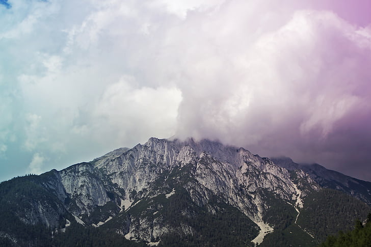 white, brown, mountain, snow, winter, trees, clouds