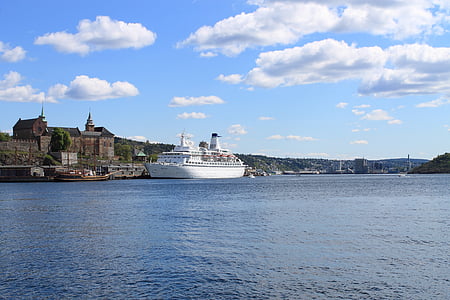 Oslo, Norveška, pristanišča, ladja, fjord, Akershus