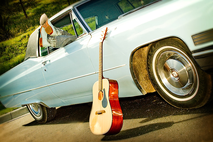 classic car, boots, acoustic guitar, baby blue, blue, light blue, light