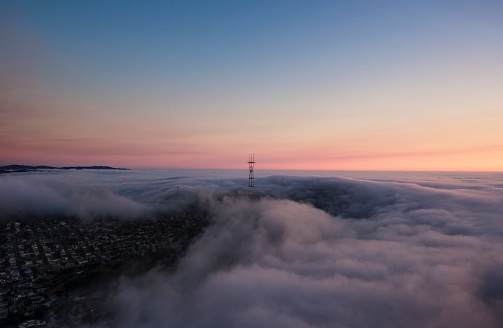 buildings, infrastructure, tower, aerial, clouds, sky, fog