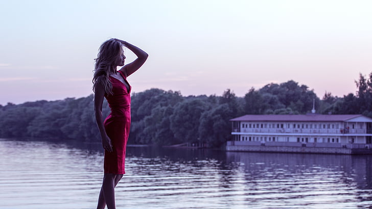 girl in red dress, on the shore, hands, model, water, river, house