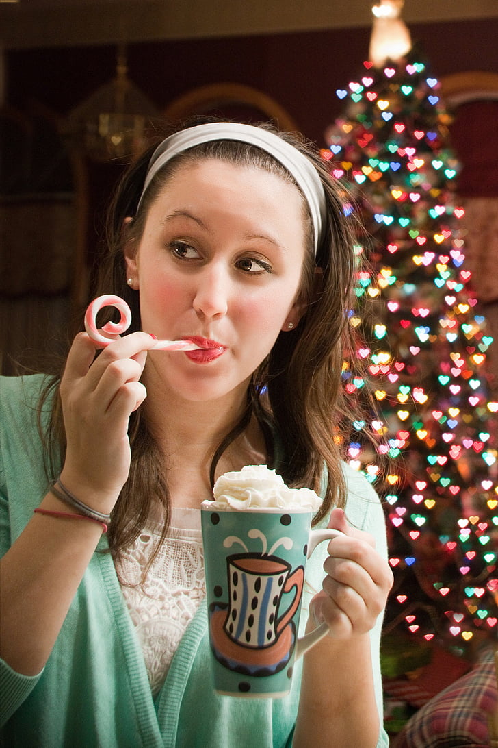 woman drinking hot chocolate, christmas, tree, drink, chocolate, mug, beverage