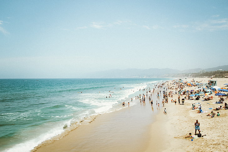 Grupo, pessoas, praia, dia, mar, Verão, Praia de areia