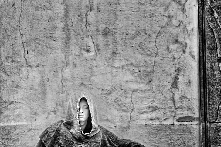 person, mimo, city, truism, prague, black and white, hooded shirt