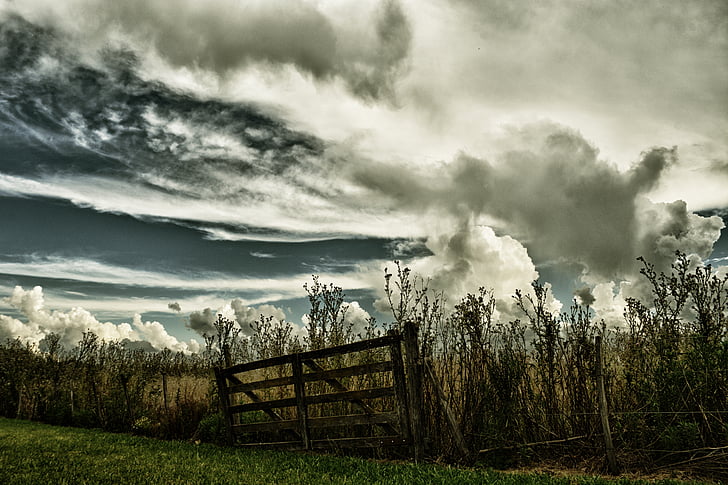 gate, sky, storm, field, clouds, landscape