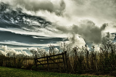 cancello, cielo, tempesta, campo, nuvole, paesaggio
