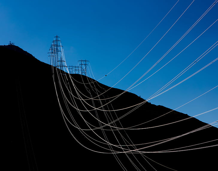 dark, mountain, blue, sky, transmission, line, electricity