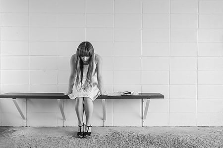 worried girl, woman, waiting, sitting, thinking, worry, black and white