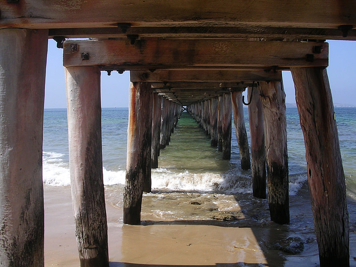 beach, bridge, sea, scaffolding, wooden bridge, coastline, ocean