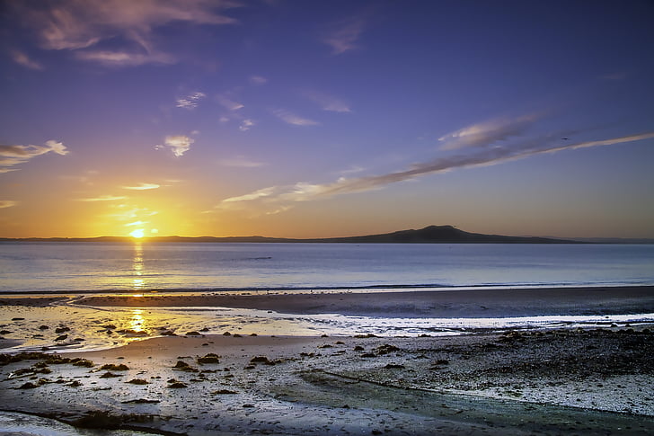solen stige, stranden, New zealand, Auckland, Murrays bay, sjøen, solnedgang