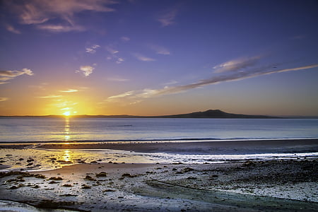 zonstijging, strand, Nieuw-Zeeland, Auckland, Murrays bay, zee, zonsondergang