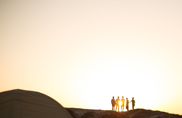 cinco, pessoas, Início, montanha, foto, pôr do sol, nascer do sol