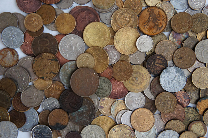 mynter, håndfull, Russland, rubel, kopek, penger, Sovjetunionen