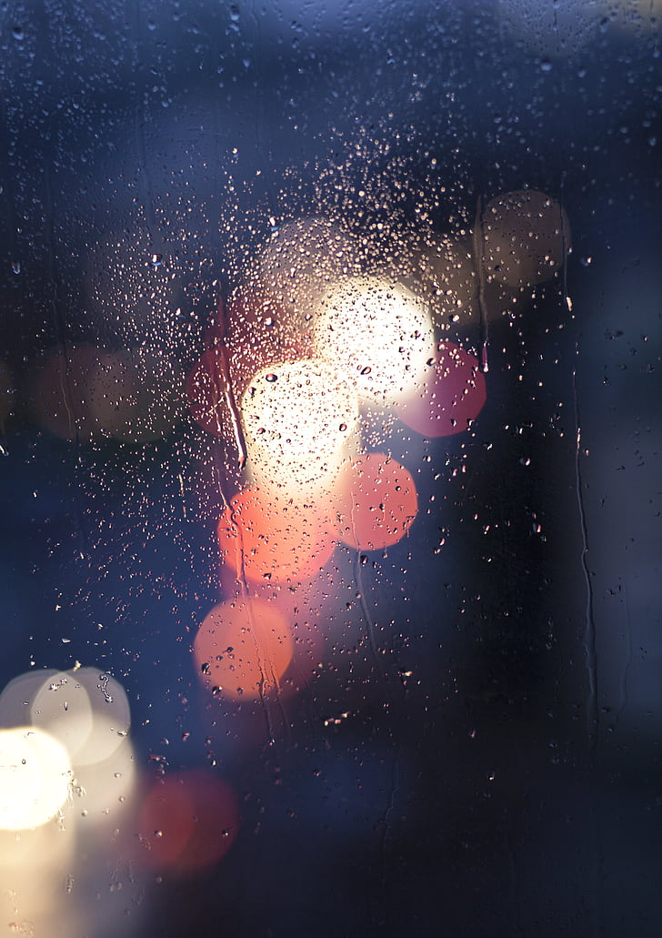 llums de cotxes, colors, gotes, llums, nit, pluja, finestra