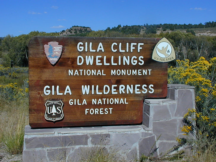 Gila Cliff Wohnungen, Gila Wildnis, Eingang, Schild, USA