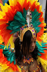 Nottinghill, Carnival, London, huvudbonader, kostym, kvinna