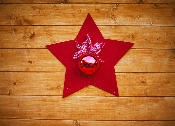 czerwony, gwiazda, Boże Narodzenie, Piłka, Wstążka, Boże Narodzenie ball, drewno