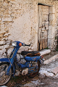 motocicleta, perete, vechi, expirat, epavă, oraşul vechi, usa