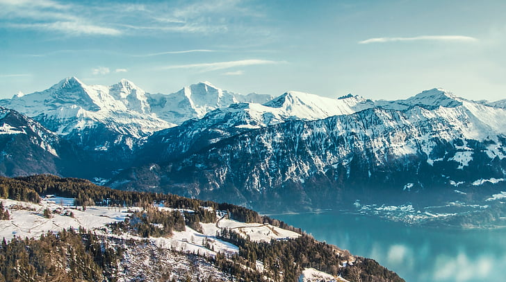 montagnes, Lac, hiver, Beatenberg, paysage, alpin, nature