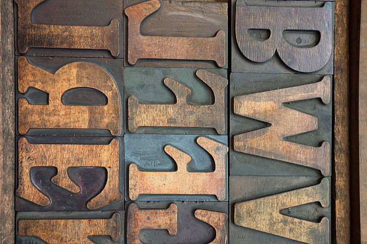 kirjaimet, puinen aakkosten kirjaimia, peilattu, sarja, painotöistä, fontti, Johannes gutenberg