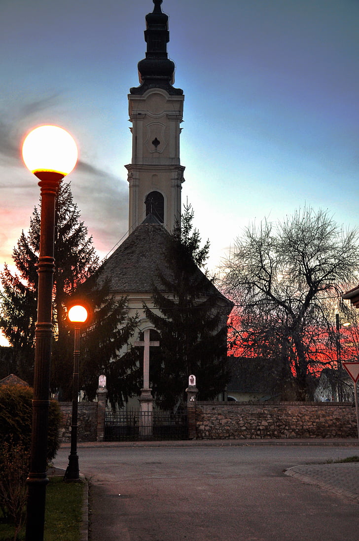 church, evening, lights, sunset