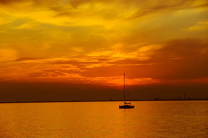 båt, solen, solnedgång