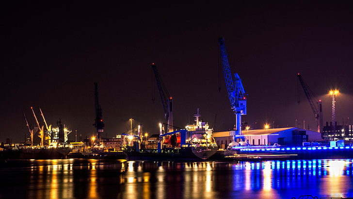 Hamburg, port, skip, natt, kraner
