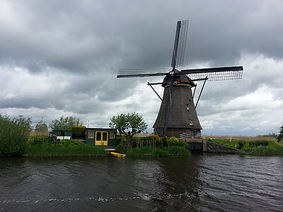 Nyderlandai, Olandijoje, vėjo malūnas, kanalas, trueb, vandens keliais, vandens