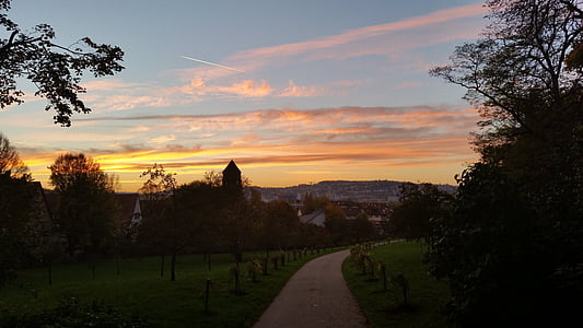 abendstimmung, naplemente, Park, Stuttgart, hegyi villa