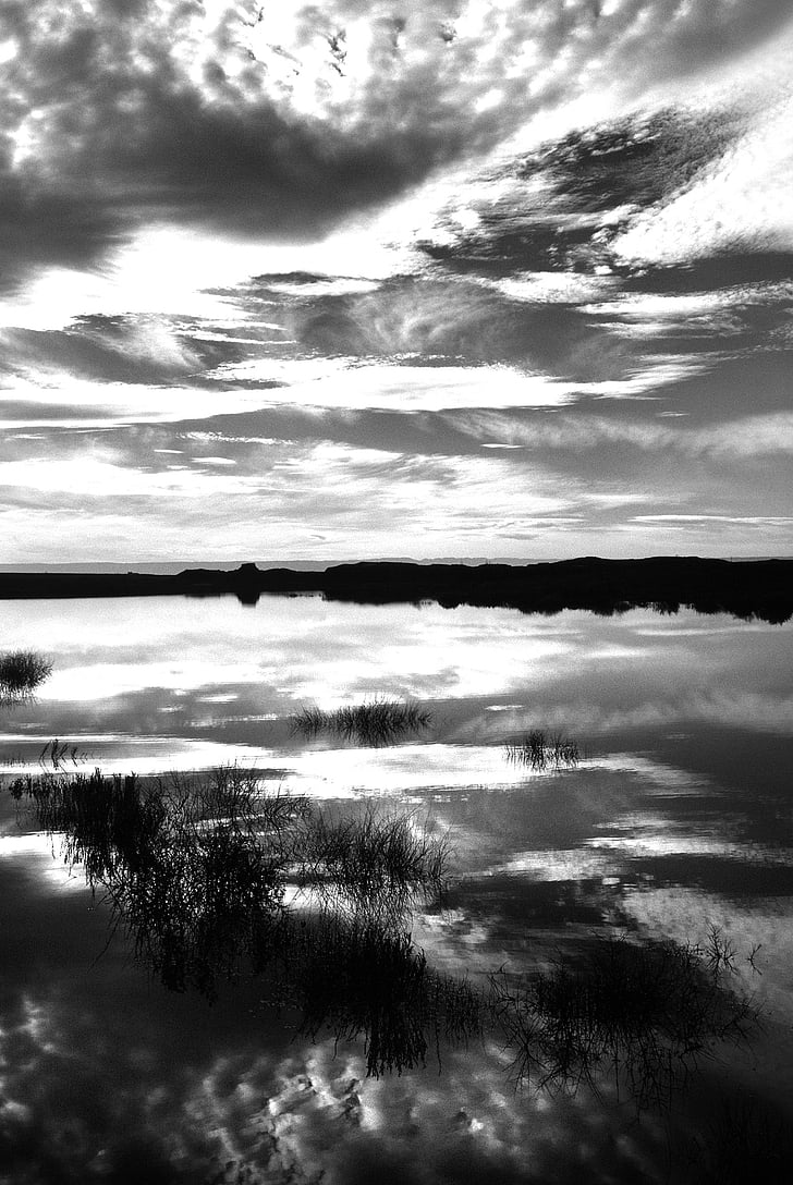 black-and-white, clouds, dark, lake, outdoors, reflection, water
