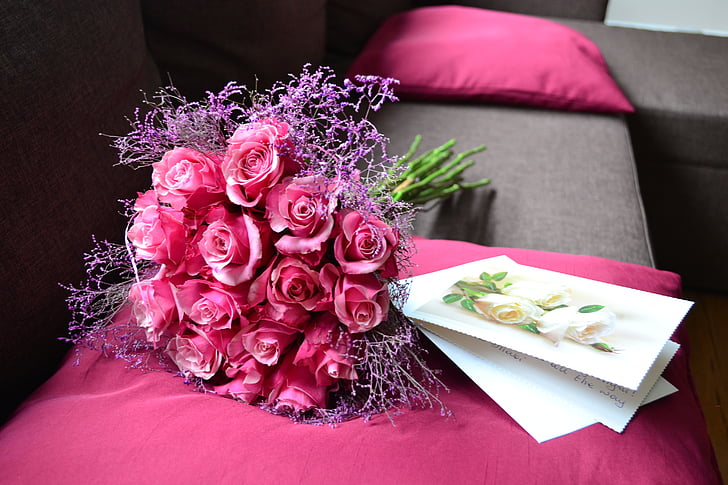 karangan bunga, mawar, merah muda, prezent, kartu pos, hadiah, naik - bunga
