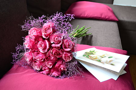 bó hoa, Hoa hồng, màu hồng, prezent, bưu thiếp, Quà tặng, Rose - Hoa