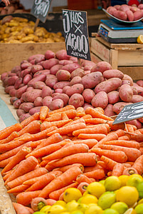 patates, pastanagues, verdures, fruita, vegetals, mercat, venda