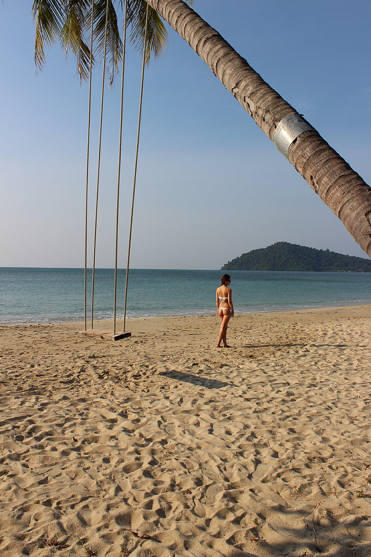 palm tree, swing, thailand, beach, girl, bikini, woman
