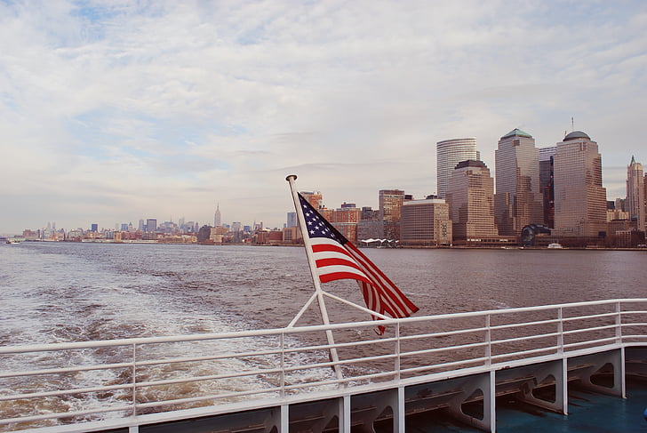 βάρκα, ακτοπλοϊκό σκάφος, κτίρια, πόλη, σημαία, Νέα Υόρκη, Ποταμός