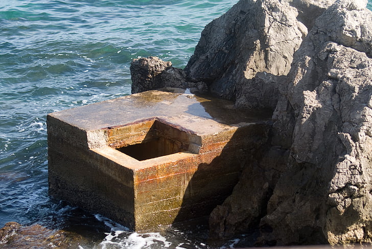 bunker, sea, water, coast, rocky coast, mediterranean